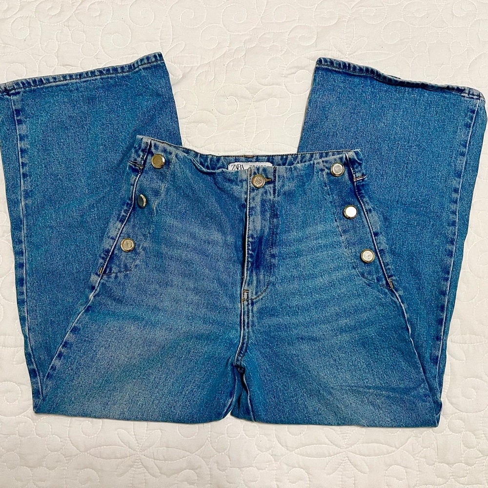 Zara Blue Wide Leg Jeans with Button Detail